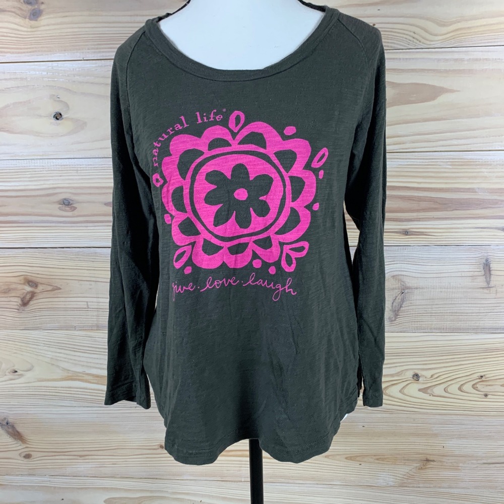 Natural Life Long Sleeve Shirt Womenโ Medium Olive Pink Floral Give Love Laugh